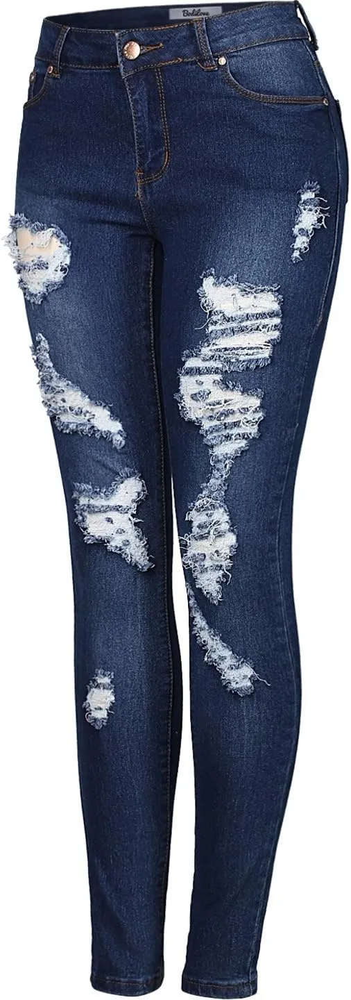 2LUV Women's Ripped Stretchy 5 Pocket Skinny Distressed Denim Jeans