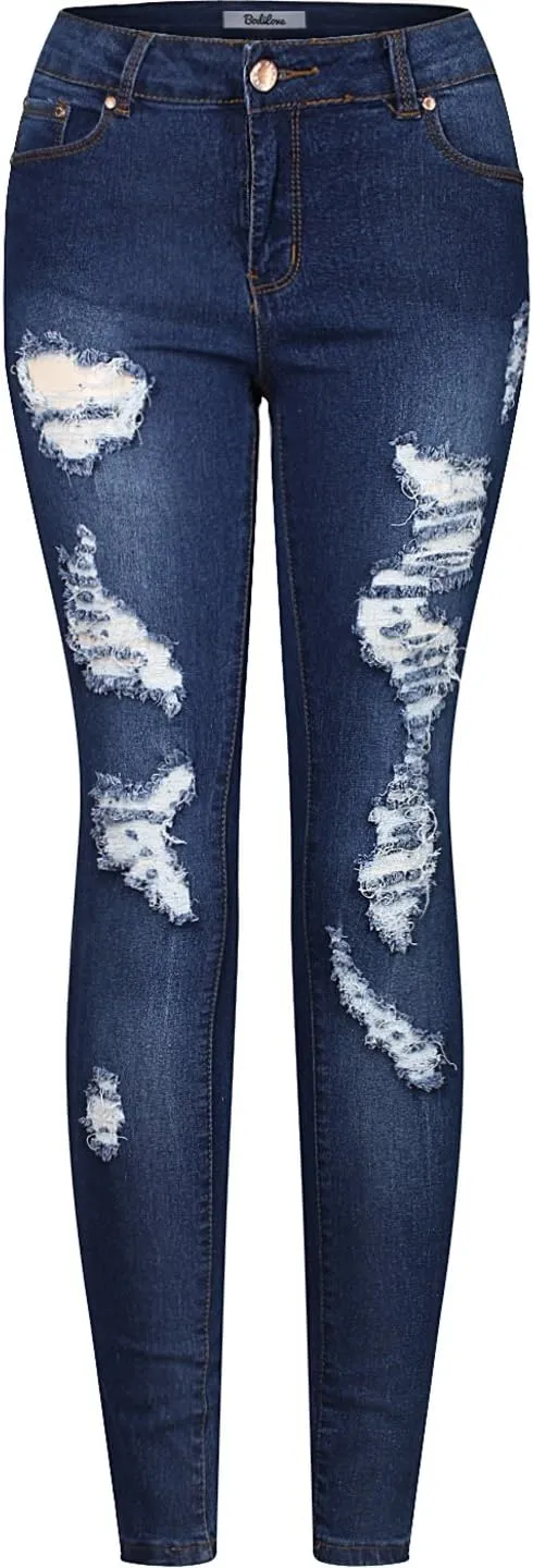 2LUV Women's Ripped Stretchy 5 Pocket Skinny Distressed Denim Jeans