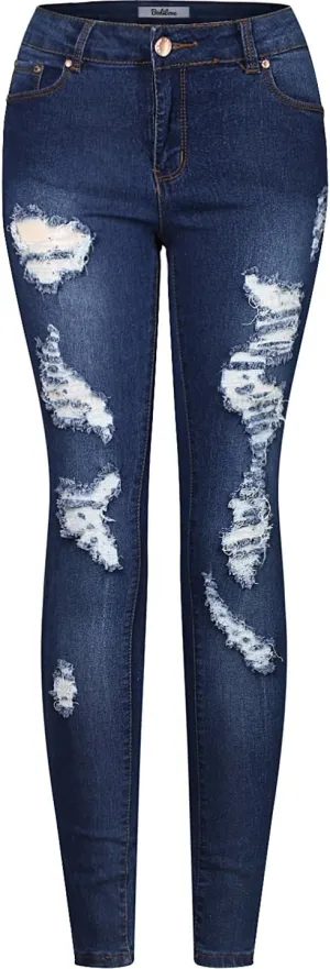 2LUV Women's Ripped Stretchy 5 Pocket Skinny Distressed Denim Jeans