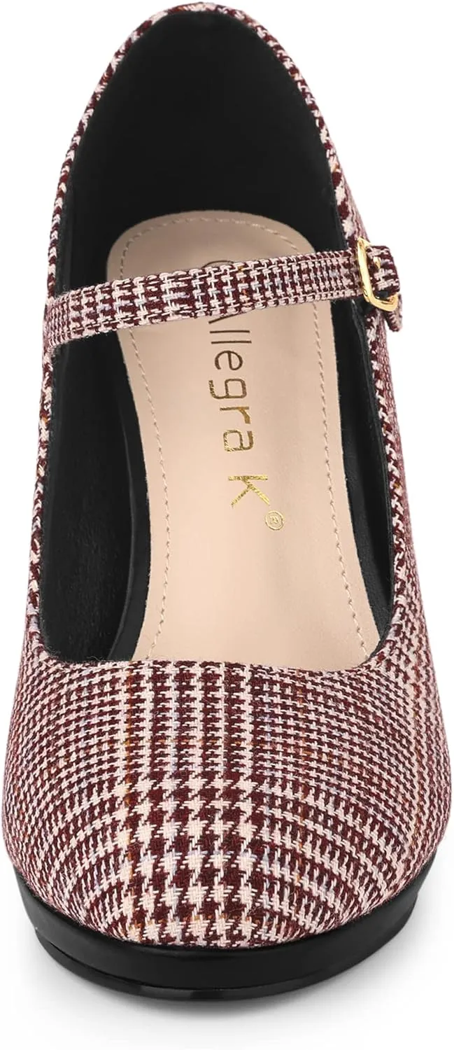 Allegra K Women's Houndstooth Platform Stiletto Heels Mary Janes Pumps