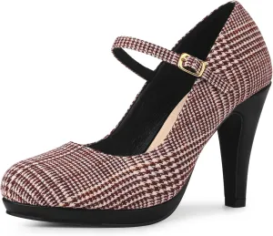 Allegra K Women's Houndstooth Platform Stiletto Heels Mary Janes Pumps