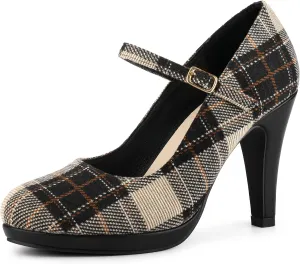 Allegra K Women's Houndstooth Platform Stiletto Heels Mary Janes Pumps