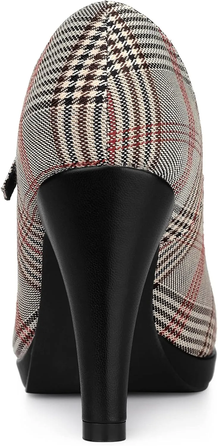 Allegra K Women's Houndstooth Platform Stiletto Heels Mary Janes Pumps