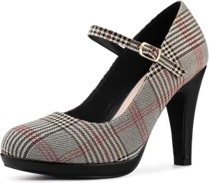 Allegra K Women's Houndstooth Platform Stiletto Heels Mary Janes Pumps