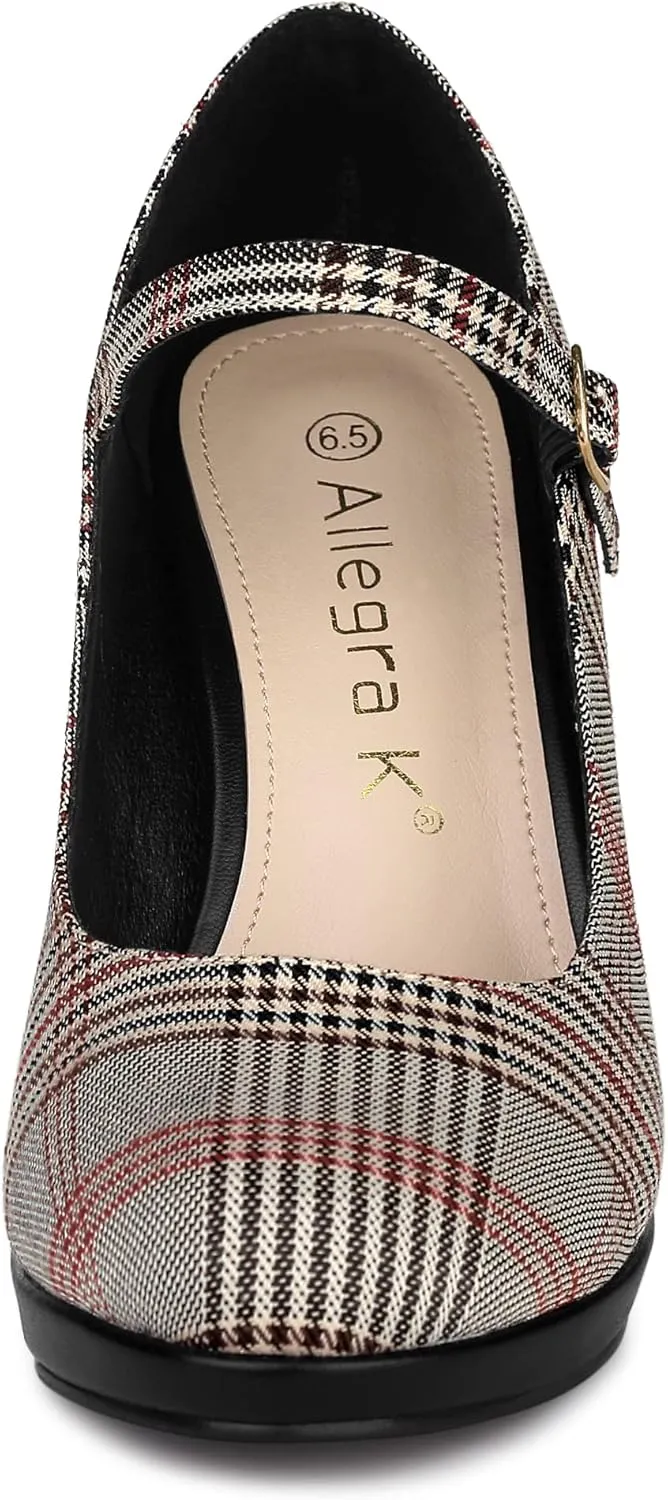 Allegra K Women's Houndstooth Platform Stiletto Heels Mary Janes Pumps