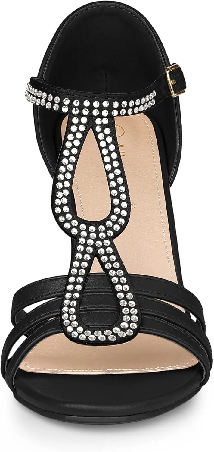Allegra K Women's Rhinestone Ankle Strap Open Toe Stiletto Heels Sandals