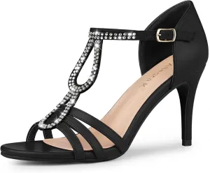 Allegra K Women's Rhinestone Ankle Strap Open Toe Stiletto Heels Sandals