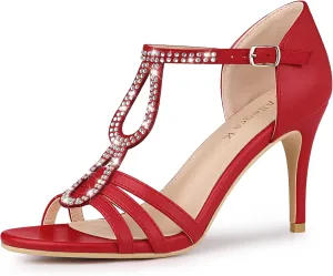 Allegra K Women's Rhinestone Ankle Strap Open Toe Stiletto Heels Sandals