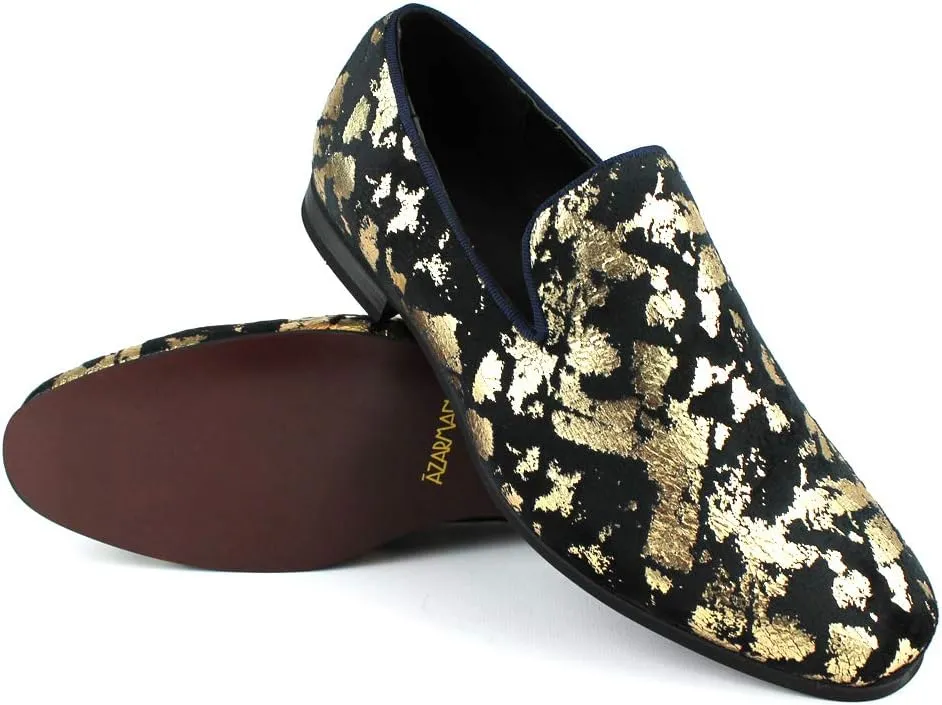AZAR MAN Men's Slip On Velvet Gold Leopard Print Dress Shoes Loafers LS21