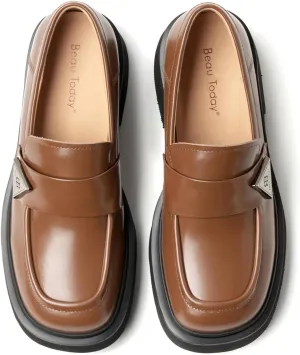 BEAU TODAY Womens Chunky Loafers, Comfortable Slip-on Genuine Leather Business Casual Chunky Heel Round Toe Dress Shoes Brown US 8.5