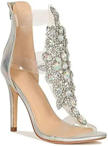 Bella Luna Women's Rhinestone Embellished Transparent Straps Stiletto Heels