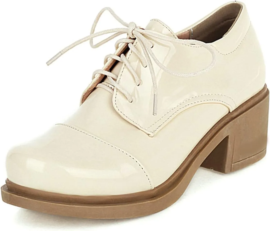 Betastella Women's Patent Leather Oxfords Chunky Heels Lace Up Brogue Shoes