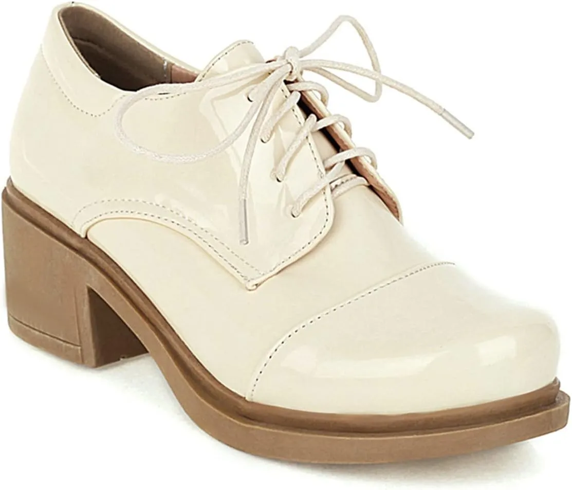 Betastella Women's Patent Leather Oxfords Chunky Heels Lace Up Brogue Shoes
