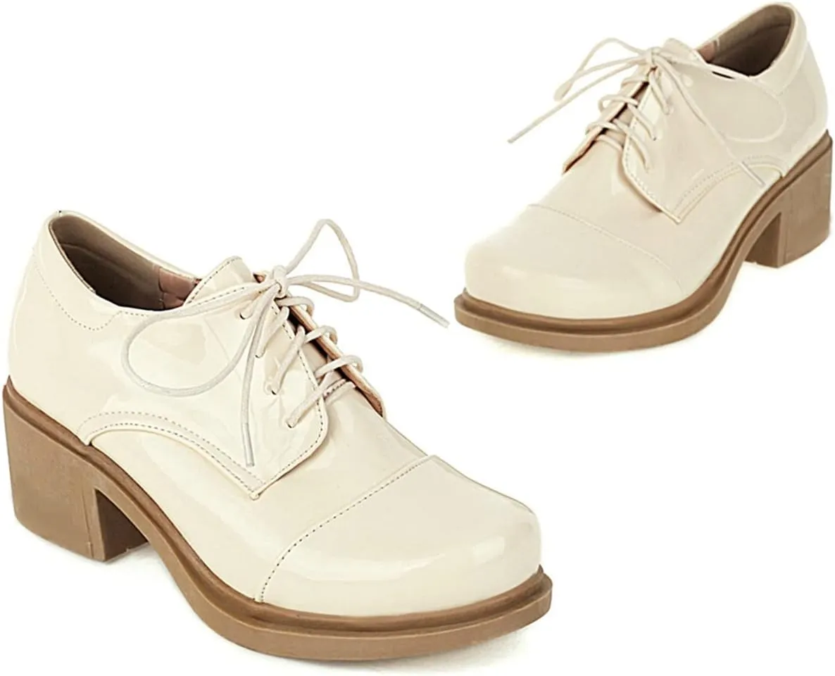 Betastella Women's Patent Leather Oxfords Chunky Heels Lace Up Brogue Shoes