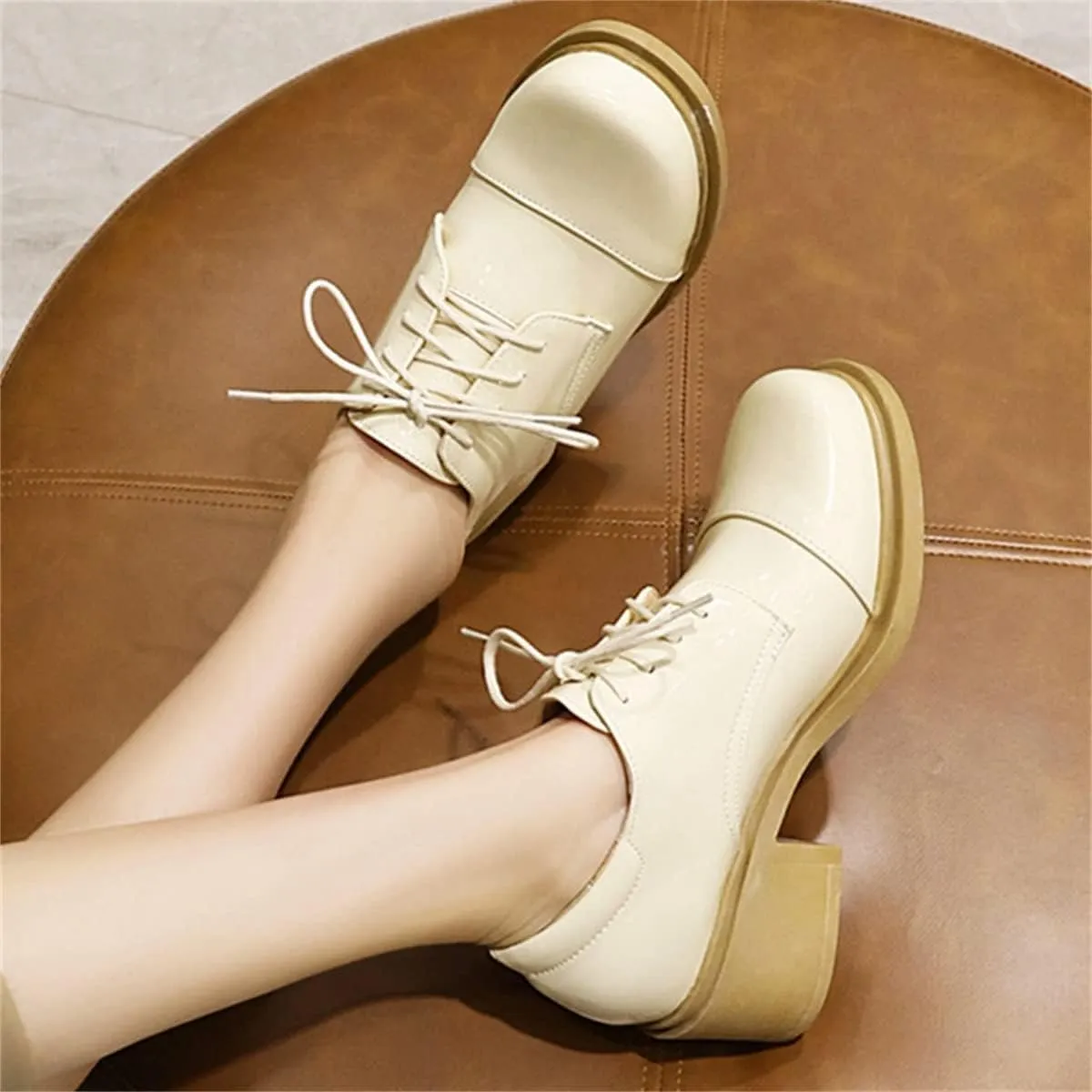 Betastella Women's Patent Leather Oxfords Chunky Heels Lace Up Brogue Shoes