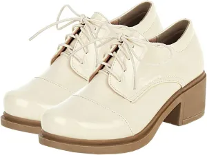 Betastella Women's Patent Leather Oxfords Chunky Heels Lace Up Brogue Shoes