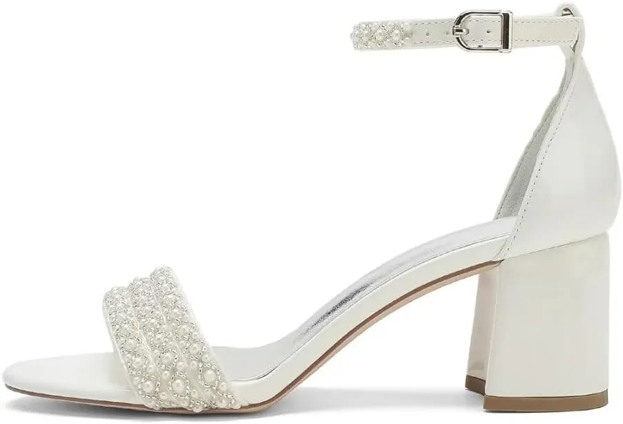Block Heels Pearls Wedding Sandals Open Toe Ankle Strap Evening Party Summer Shoes