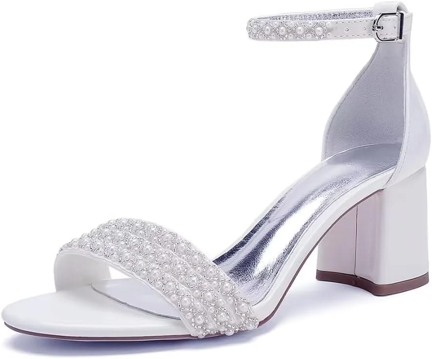 Block Heels Pearls Wedding Sandals Open Toe Ankle Strap Evening Party Summer Shoes