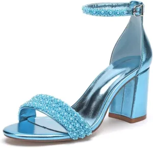 Block Heels Pearls Wedding Sandals Open Toe Ankle Strap Evening Party Summer Shoes