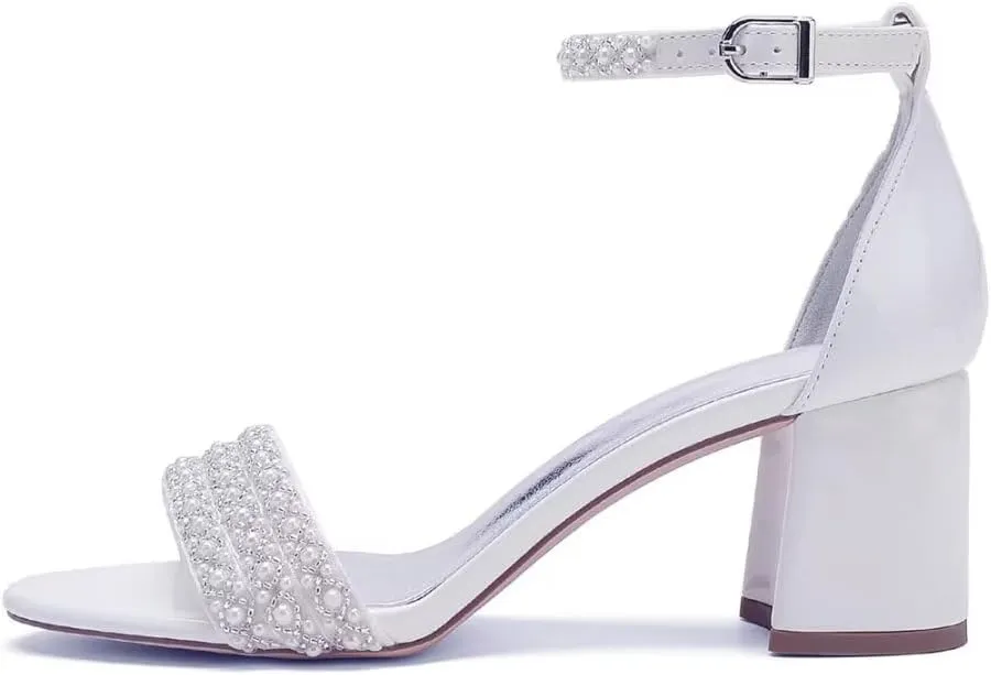 Block Heels Pearls Wedding Sandals Open Toe Ankle Strap Evening Party Summer Shoes