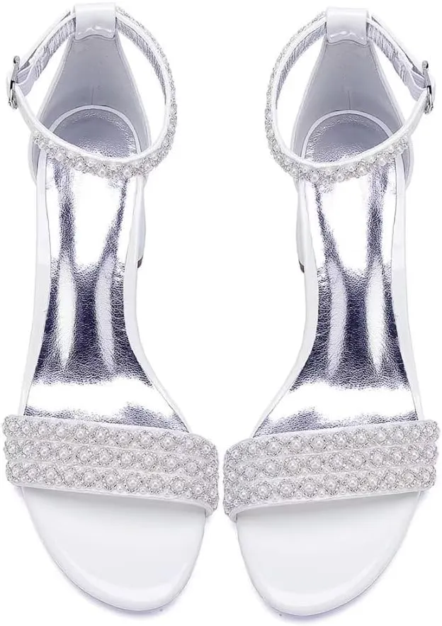 Block Heels Pearls Wedding Sandals Open Toe Ankle Strap Evening Party Summer Shoes