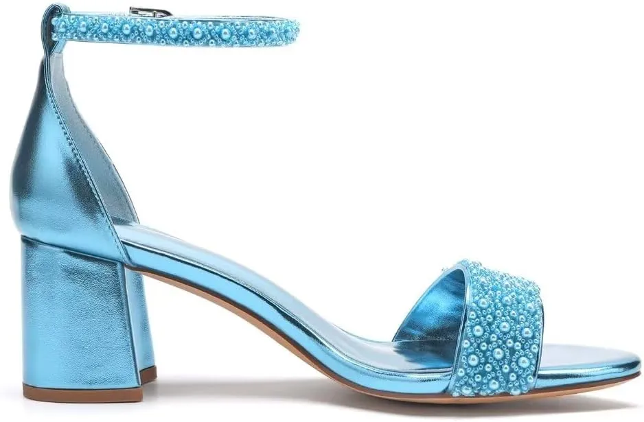 Block Heels Pearls Wedding Sandals Open Toe Ankle Strap Evening Party Summer Shoes