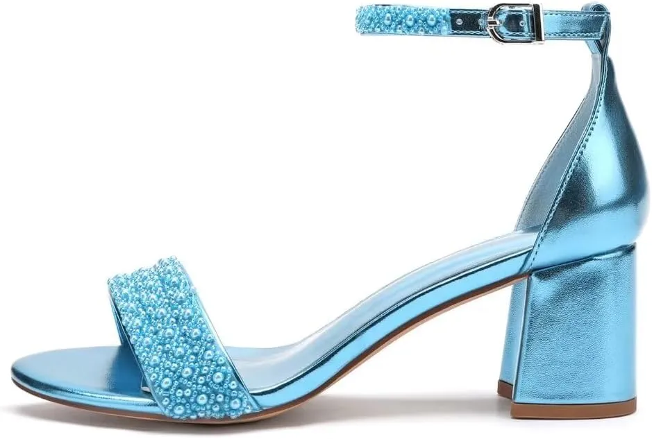 Block Heels Pearls Wedding Sandals Open Toe Ankle Strap Evening Party Summer Shoes