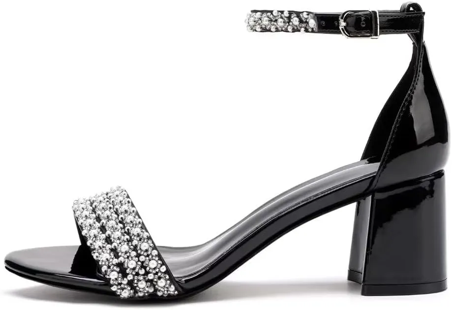 Block Heels Pearls Wedding Sandals Open Toe Ankle Strap Evening Party Summer Shoes