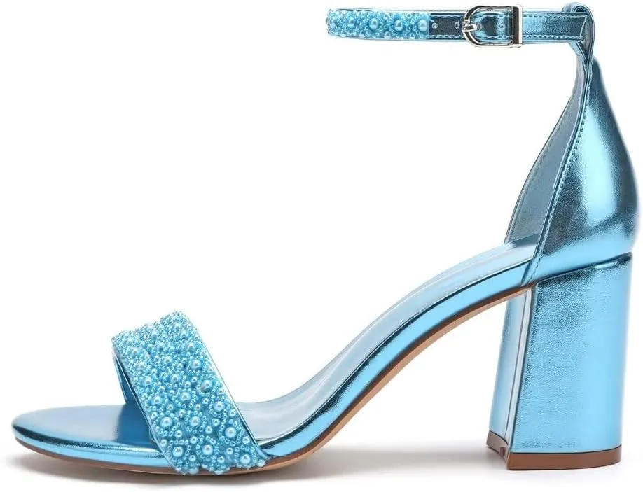 Block Heels Pearls Wedding Sandals Open Toe Ankle Strap Evening Party Summer Shoes