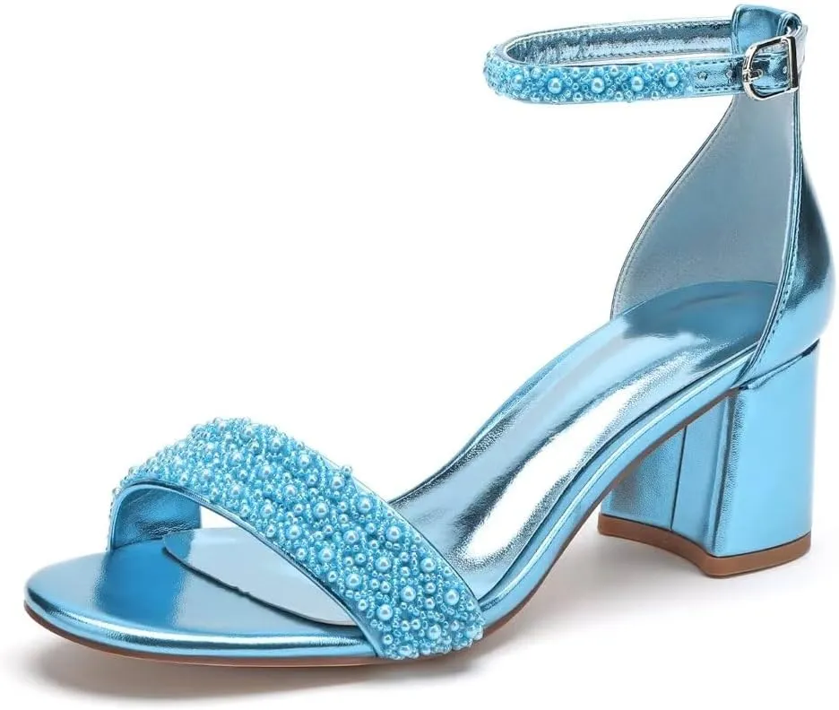 Block Heels Pearls Wedding Sandals Open Toe Ankle Strap Evening Party Summer Shoes