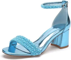 Block Heels Pearls Wedding Sandals Open Toe Ankle Strap Evening Party Summer Shoes