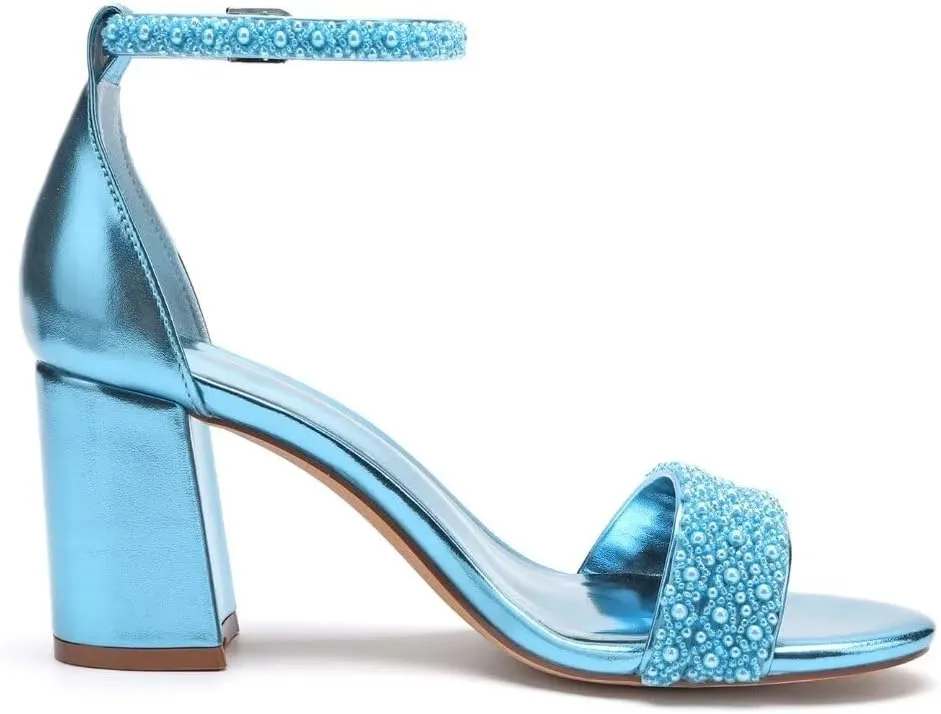 Block Heels Pearls Wedding Sandals Open Toe Ankle Strap Evening Party Summer Shoes