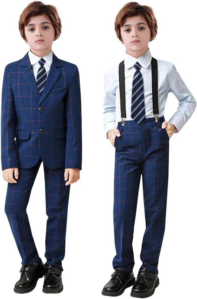 Boy's Suit 5pcs Tuxedo Suit for Toddler Set Formal Slim Fit Jacket Pants Shirt Dress Ring Bearer Outfit for Kids with Tie