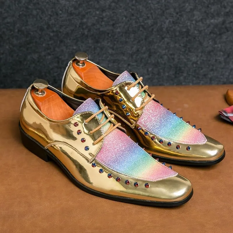 Casual Business Shoes for Men, Dress Shoes Lace Up Formal Gold PU Leather Brogue Shoes for Male Wedding Party Office Oxfords