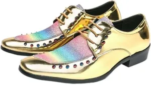 Casual Business Shoes for Men, Dress Shoes Lace Up Formal Gold PU Leather Brogue Shoes for Male Wedding Party Office Oxfords