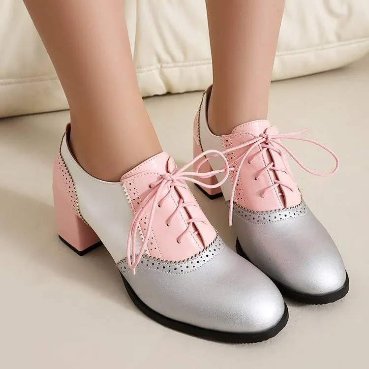 Chic Color Block Women Wing Tip Lace Up Chunky Heel Brogue Shoes