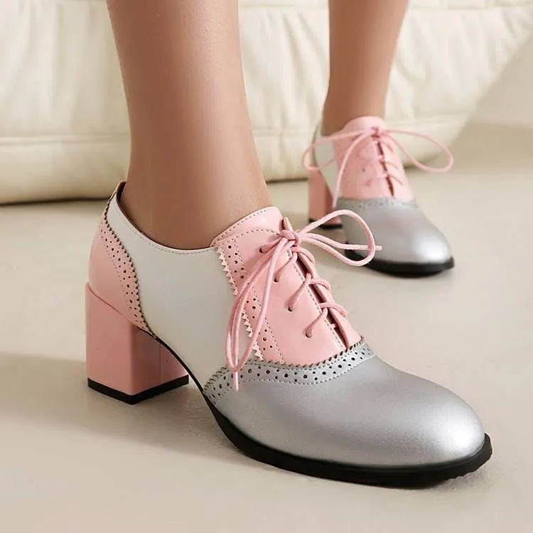 Chic Color Block Women Wing Tip Lace Up Chunky Heel Brogue Shoes