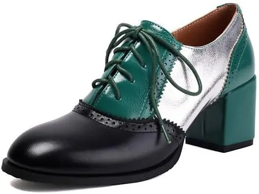 Chic Color Block Women Wing Tip Lace Up Chunky Heel Brogue Shoes