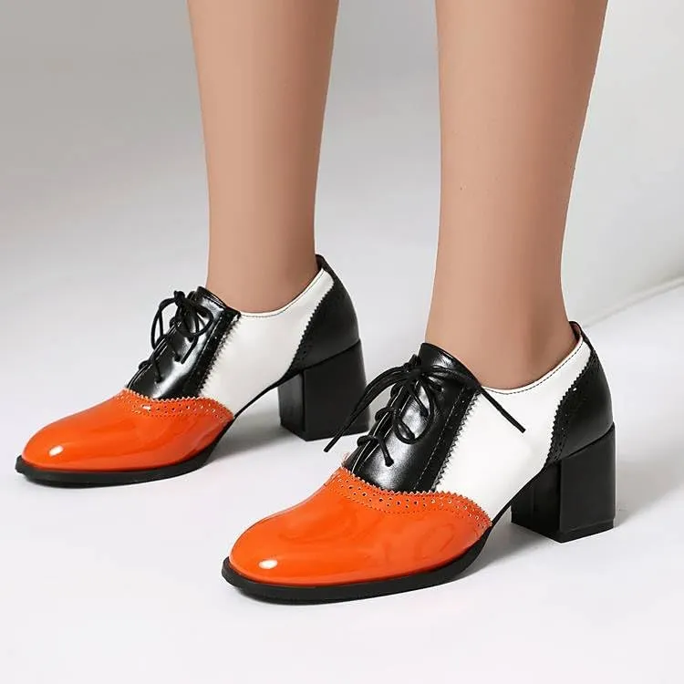 Chic Color Block Women Wing Tip Lace Up Chunky Heel Brogue Shoes