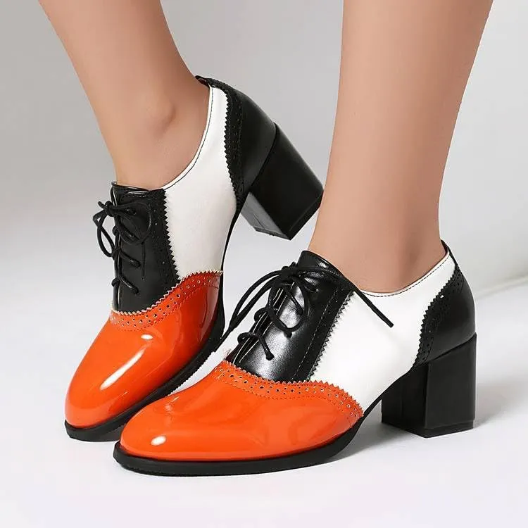 Chic Color Block Women Wing Tip Lace Up Chunky Heel Brogue Shoes