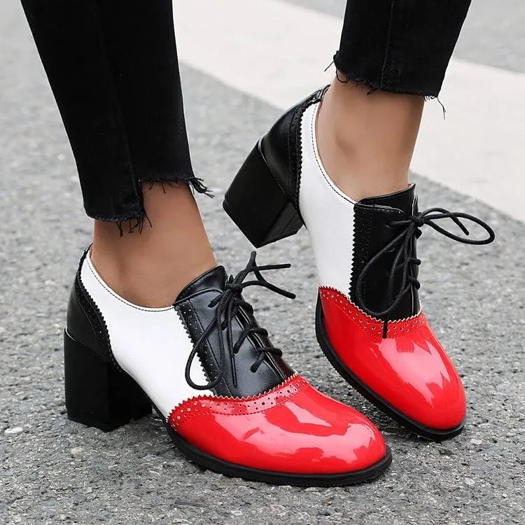 Chic Color Block Women Wing Tip Lace Up Chunky Heel Brogue Shoes