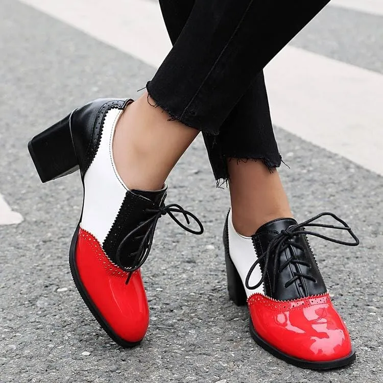Chic Color Block Women Wing Tip Lace Up Chunky Heel Brogue Shoes