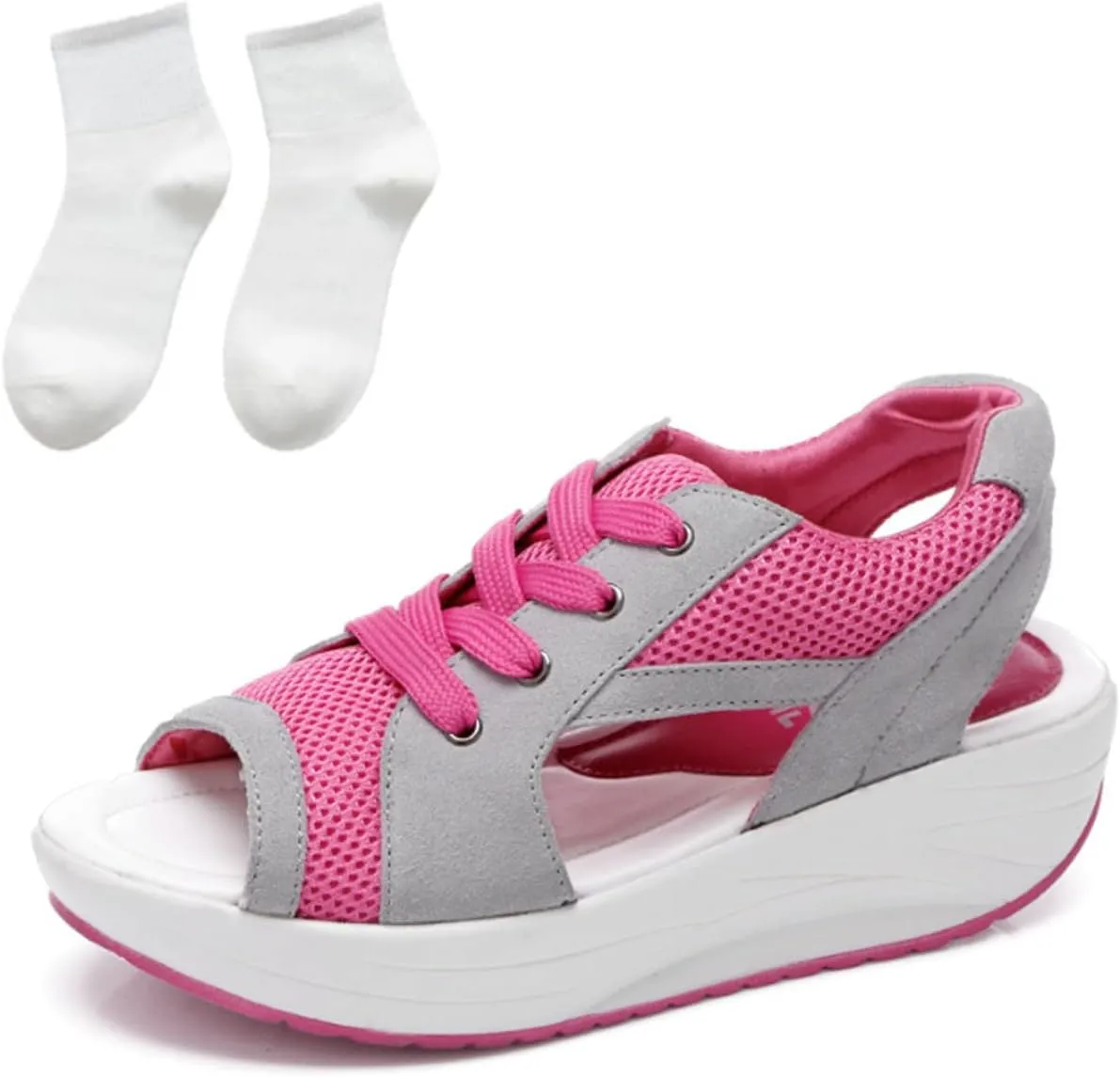 Contrast Paneled Cutout Lace-up Muffin Sandals, Women Causal Peep Toe Platform Sandals