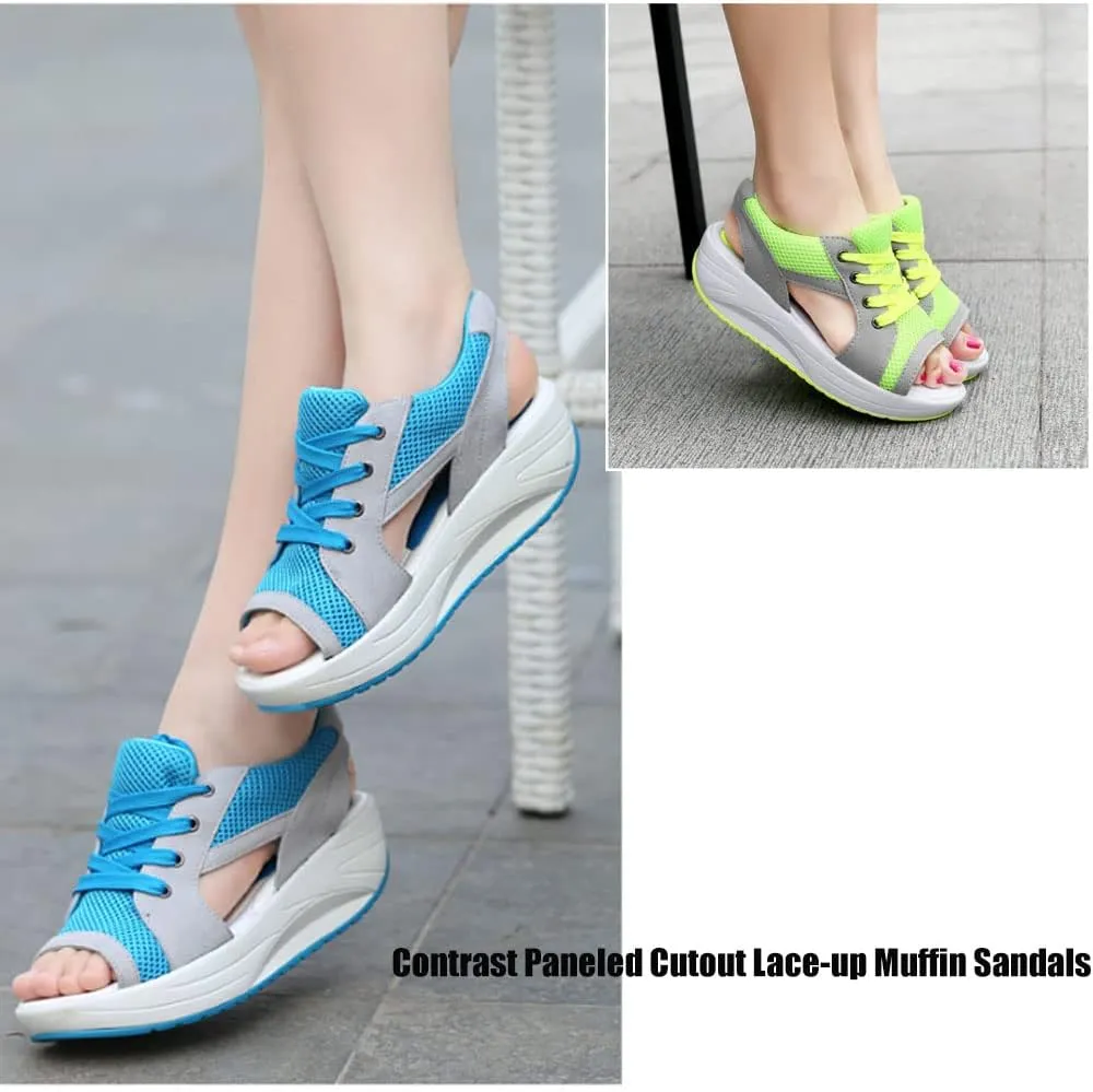 Contrast Paneled Cutout Lace-up Muffin Sandals, Women Causal Peep Toe Platform Sandals
