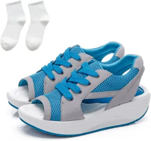 Contrast Paneled Cutout Lace-up Muffin Sandals, Women Causal Peep Toe Platform Sandals