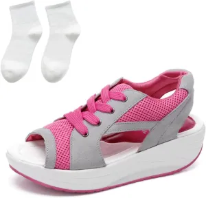 Contrast Paneled Cutout Lace-up Muffin Sandals, Women Causal Peep Toe Platform Sandals
