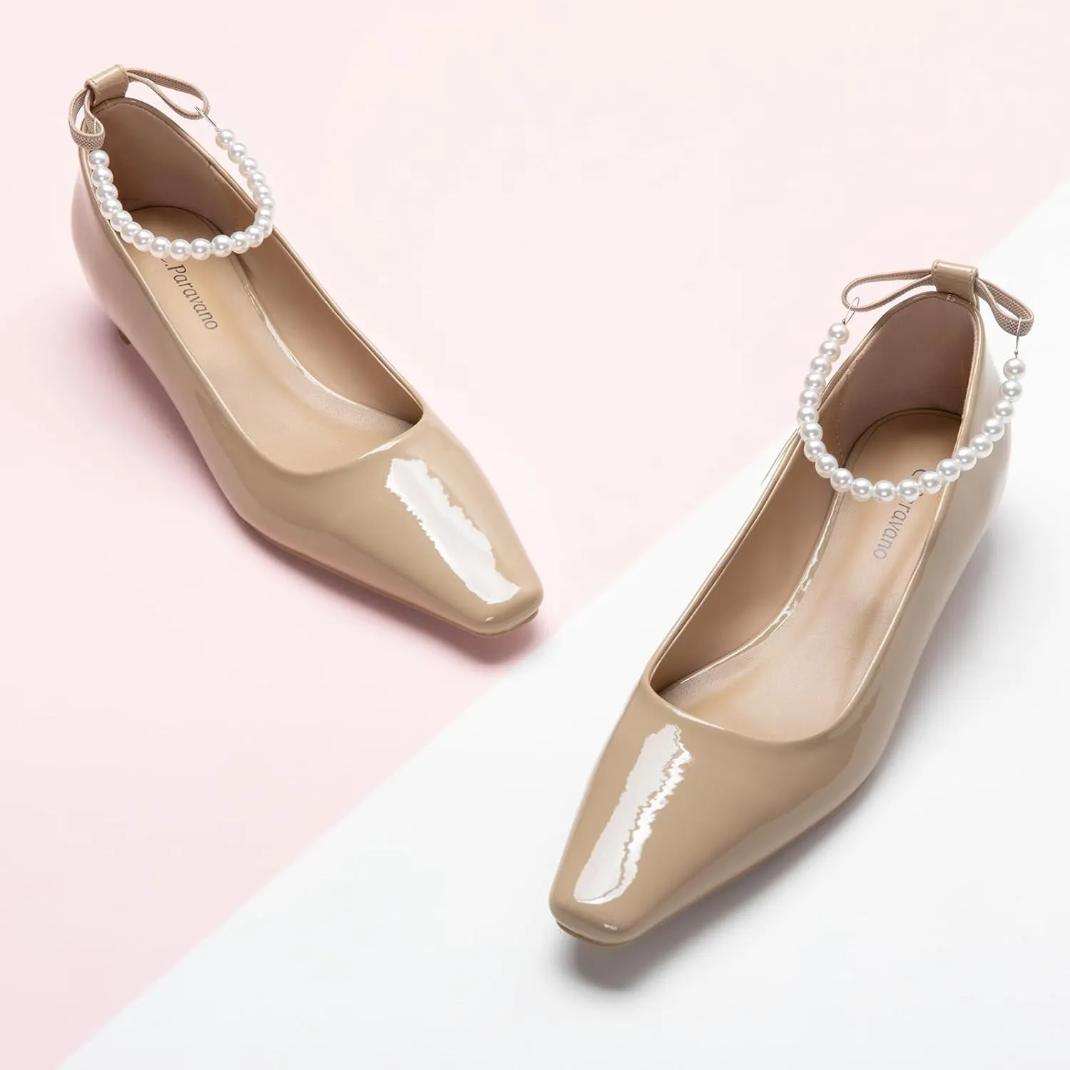 C.Paravano Chunky Low Heel Women's Square Toe Pumps Slip-On Closed Toe Low Heeled Pearl Ankle Strap Pumps Bridal Wedding Shoes