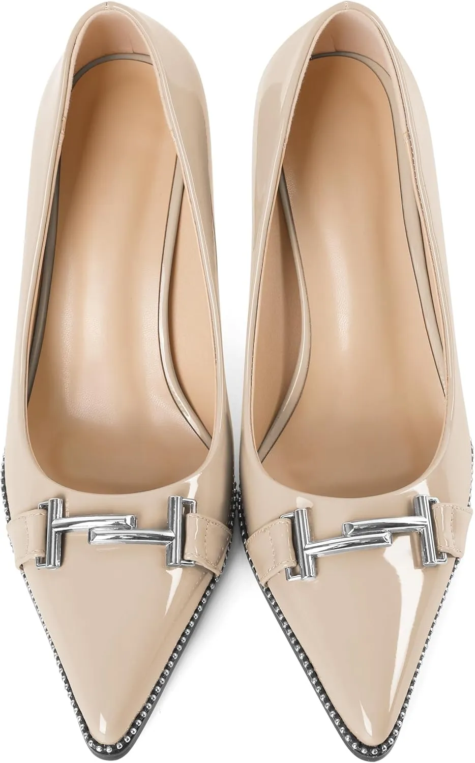 Eldof Women's High Heel Pumps Pointed Toe Slip On Metallic Buckle Stiletto Heels Studed Beaded Pumps Shoes Women 3.5 Inches