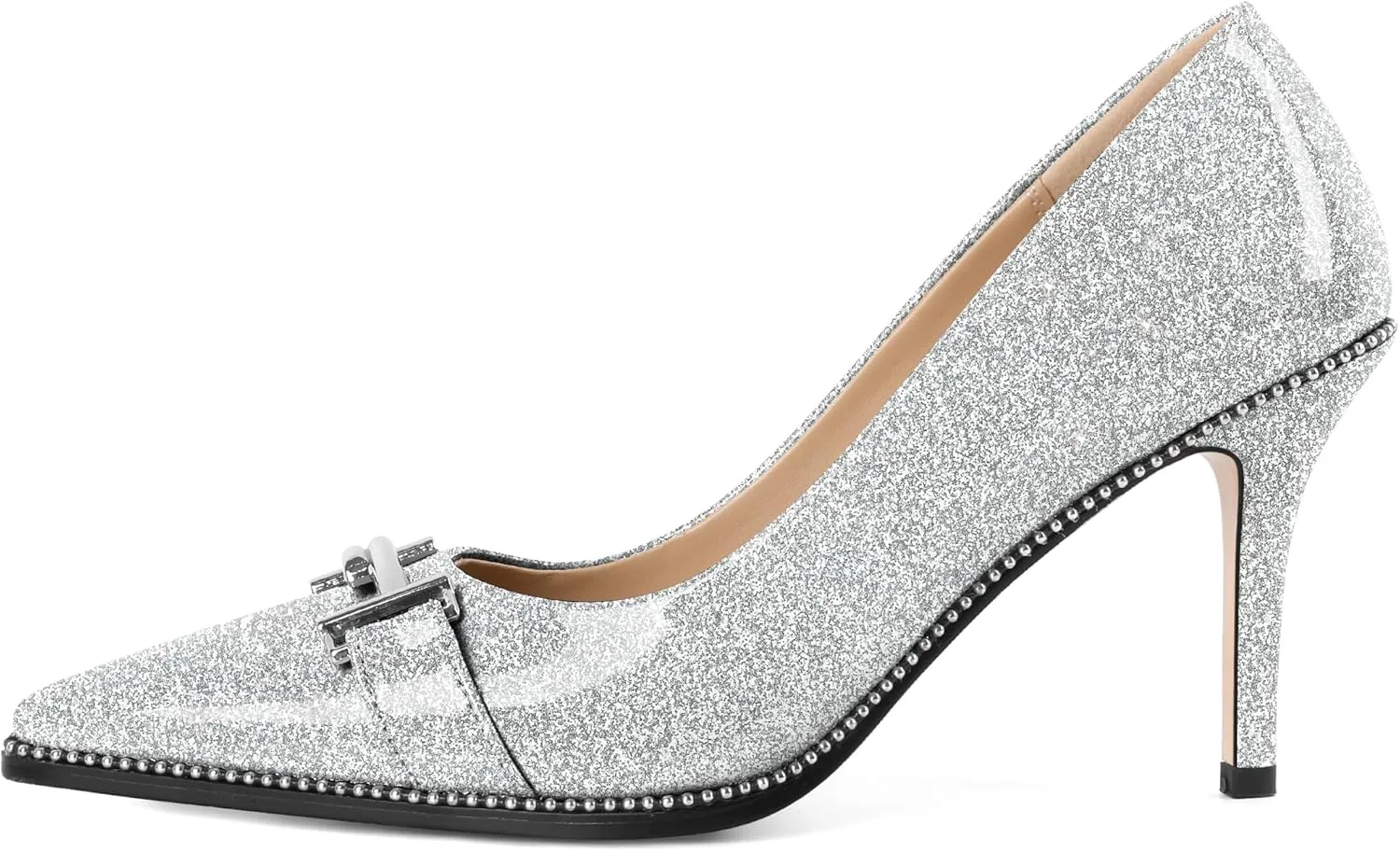 Eldof Women's High Heel Pumps Pointed Toe Slip On Metallic Buckle Stiletto Heels Studed Beaded Pumps Shoes Women 3.5 Inches