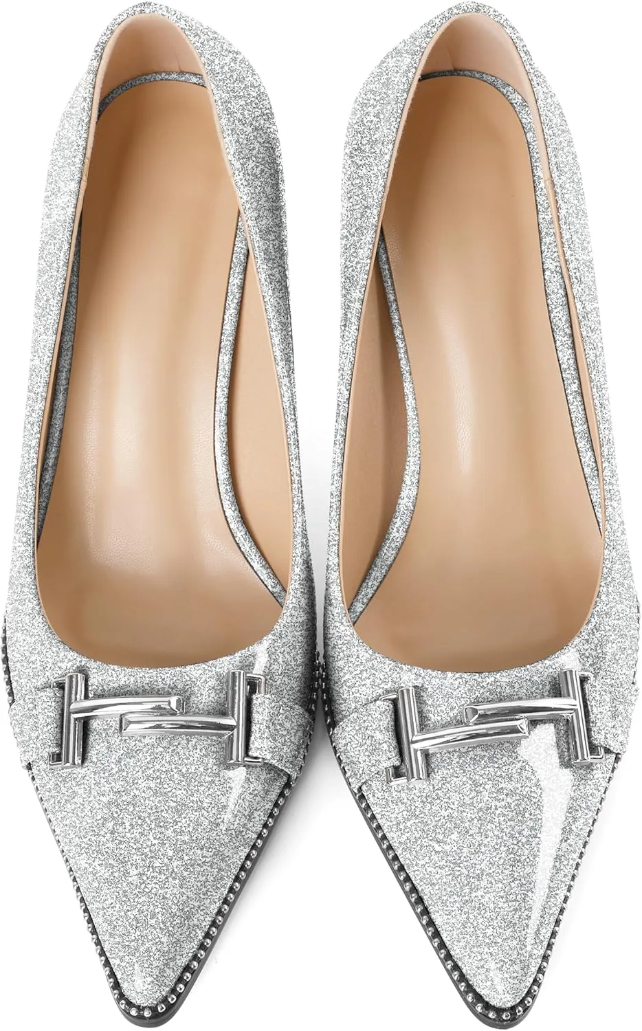 Eldof Women's High Heel Pumps Pointed Toe Slip On Metallic Buckle Stiletto Heels Studed Beaded Pumps Shoes Women 3.5 Inches